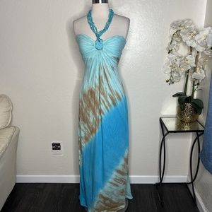 Sky Collection blue tie dye halter maxi Dress w/Turquoise Beading S